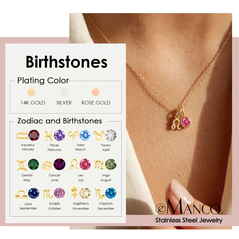 Zirconia Birthstone and Zodiac Stainless Steel Necklace