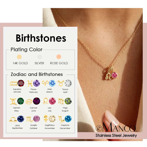 Zirconia Birthstone and Zodiac Stainless Steel Necklace