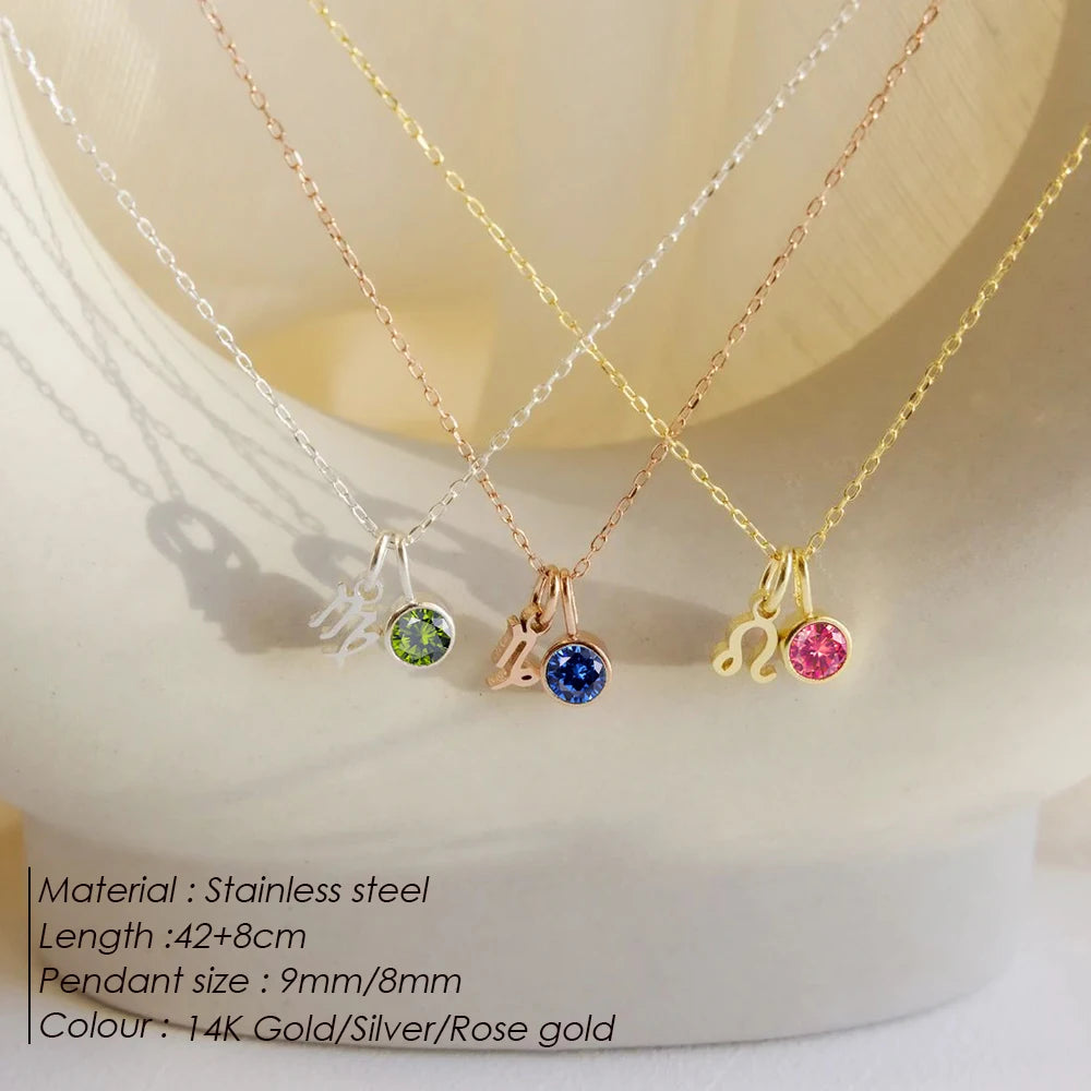 Zirconia Birthstone and Zodiac Stainless Steel Necklace
